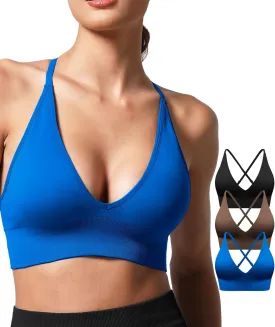 V Neck Adjustable Spaghetti Straps Sports Bra for Women, Padded Criss Cross Back Longline Yoga Bra Workout Crop Top Multipack