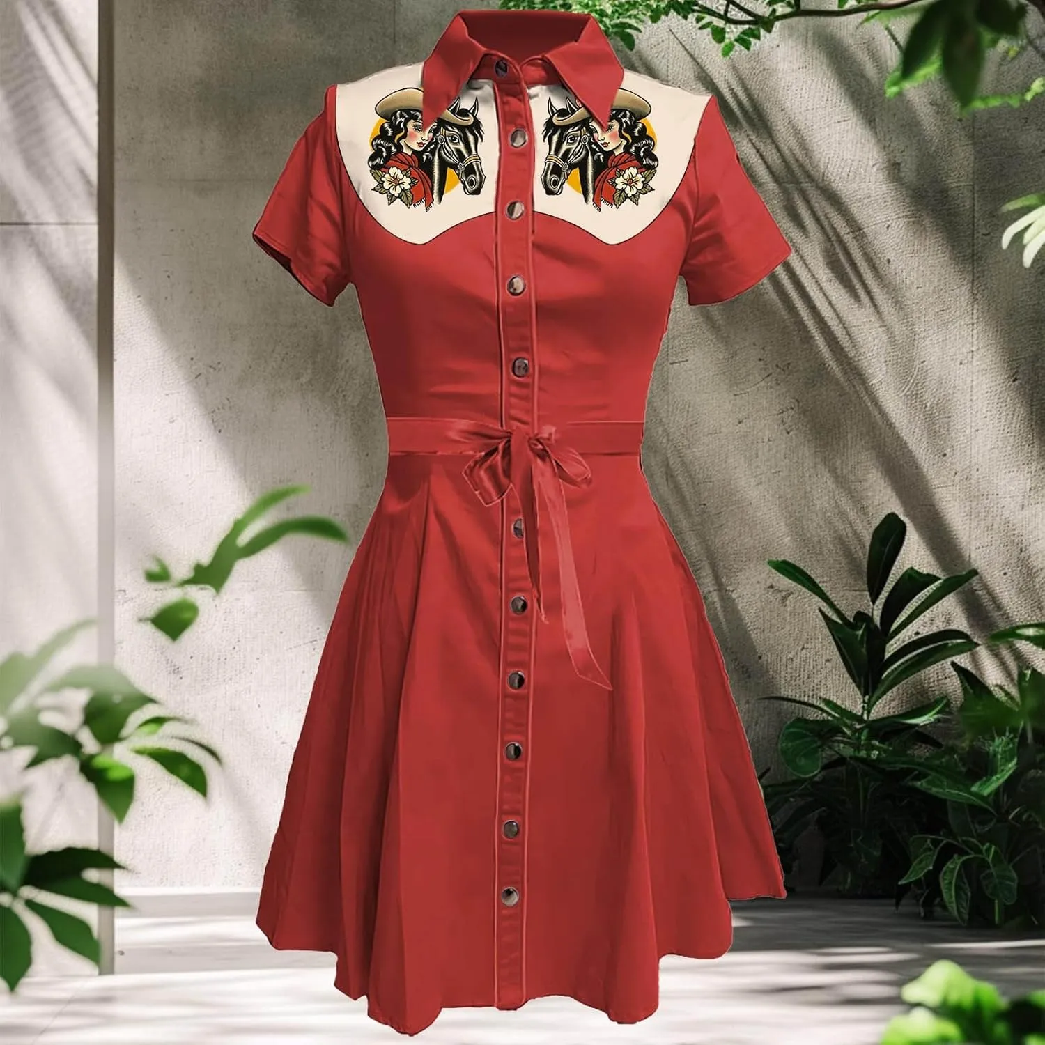 Vintage Western Flower Printed Shirt Dress Women Summer Button Down Casual Retro Style Evening Dresses for Women