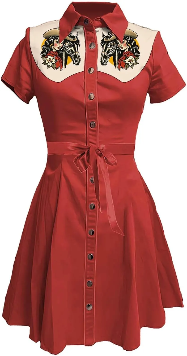 Vintage Western Flower Printed Shirt Dress Women Summer Button Down Casual Retro Style Evening Dresses for Women