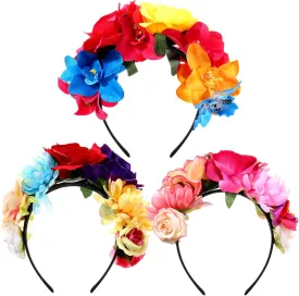 WILLBOND 3 Pcs Mexican Rose Flower Crown Headband Easter Mardi Gras Headpiece Cosplay Headgear for Party