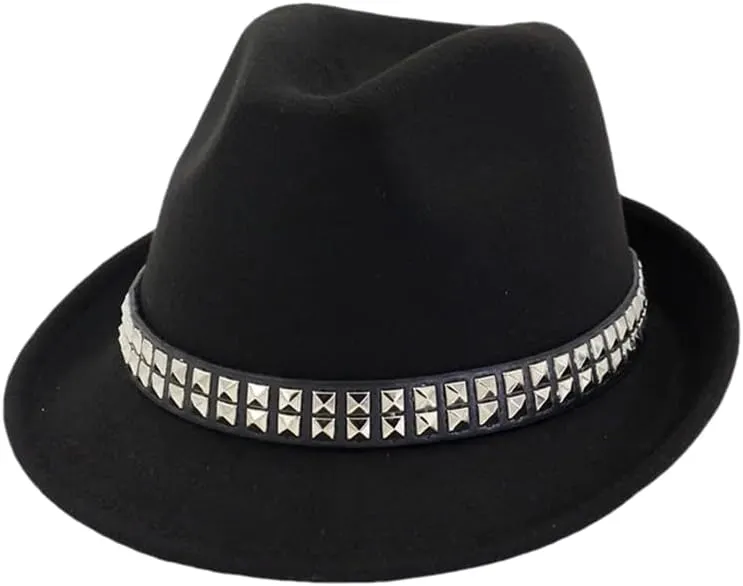 Women's Roll Short Brim Fedora Hats Unisex Solid Rivet Belt Cap Formal Party Jazz Cap Sombreros Black 56to58cm