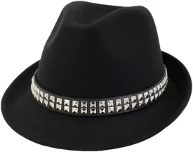 Women's Roll Short Brim Fedora Hats Unisex Solid Rivet Belt Cap Formal Party Jazz Cap Sombreros Black 56to58cm
