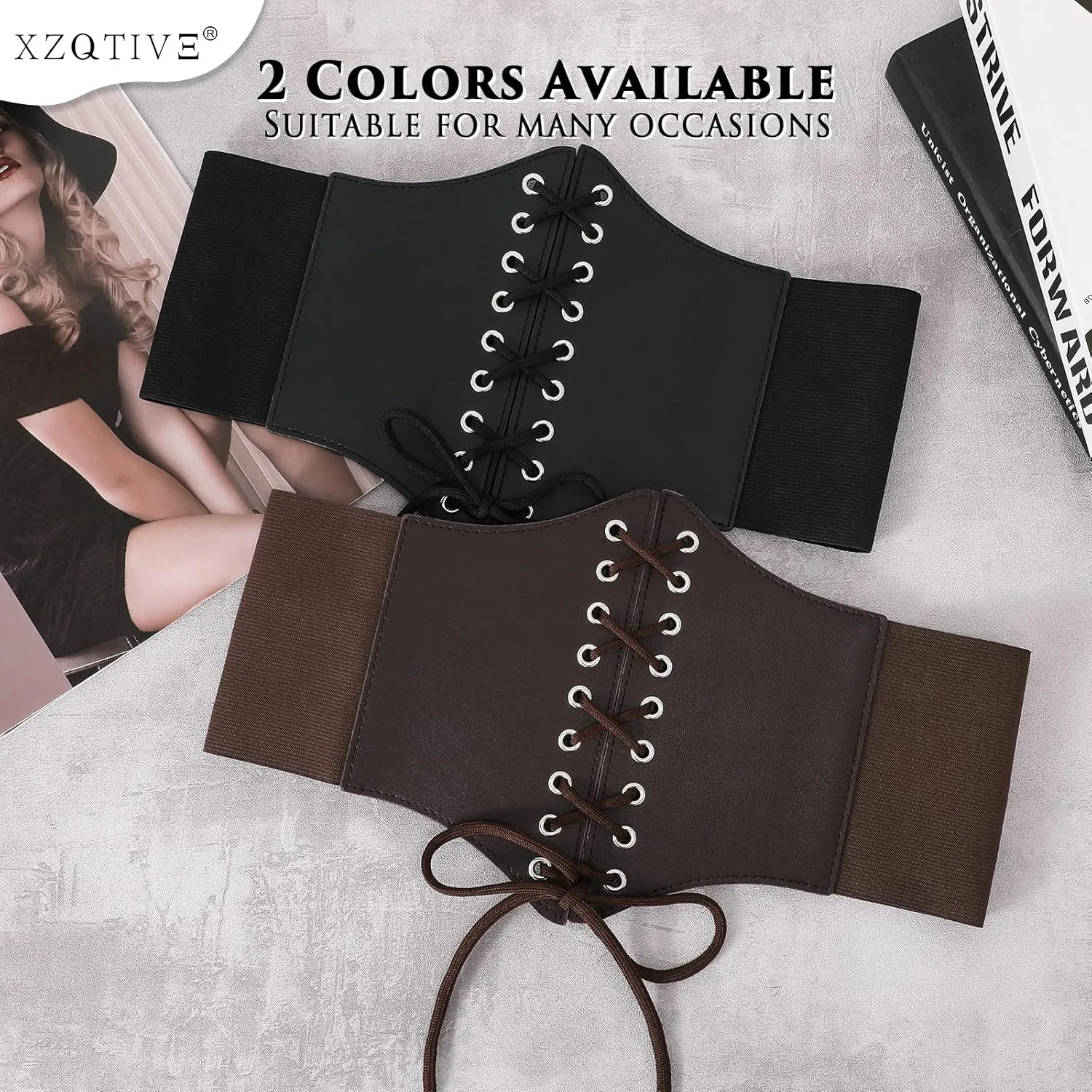 XZQTIVE Black Corset Waist Belt for Women, Wide Elastic Tie Waspie Belt for Dresses 4.7inch