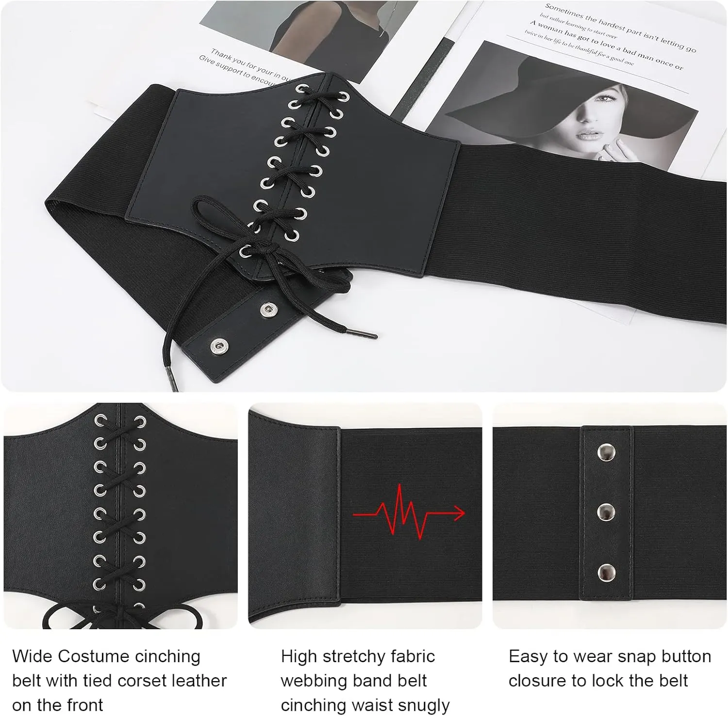 XZQTIVE Black Corset Waist Belt for Women, Wide Elastic Tie Waspie Belt for Dresses 4.7inch