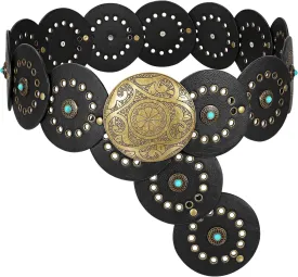 XZQTIVE Western PU Leather Belts for Woman Concho Cowgirl Cowboy Disc Belt for Ladies Wide Boho Country Waist Belts for Dress