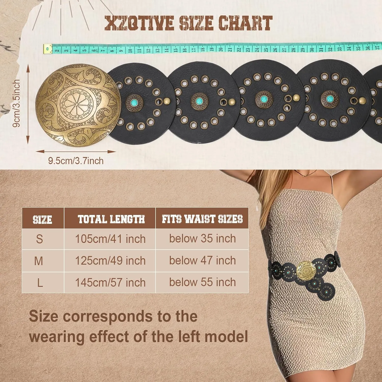 XZQTIVE Western PU Leather Belts for Woman Concho Cowgirl Cowboy Disc Belt for Ladies Wide Boho Country Waist Belts for Dress